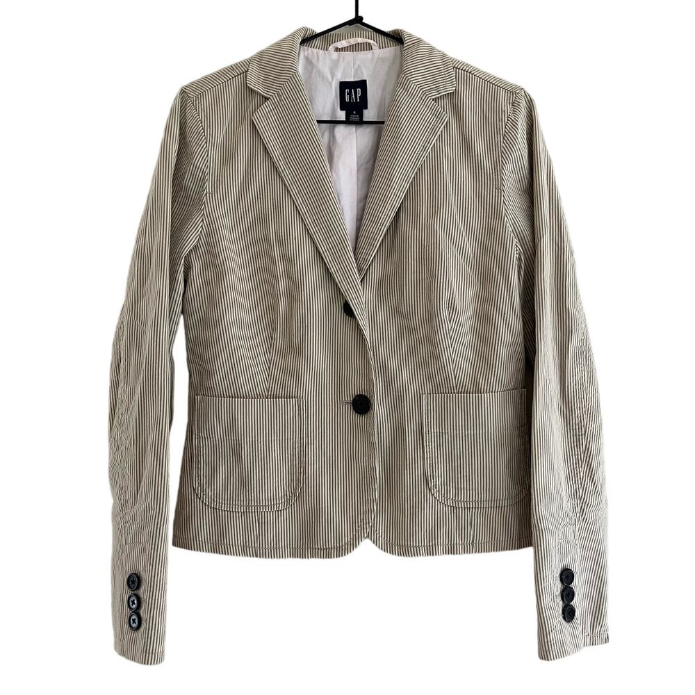 Striped GAP Blazer Jacket Tan Ivory Lined Buttons Cotton Lightweight Size 6